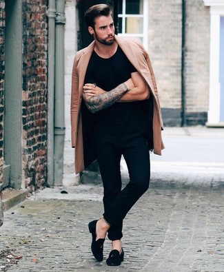 Camel Overcoat Warm Weather Outfits: A camel overcoat and black skinny jeans are veritable menswear essentials if you're planning a casual closet that matches up to the highest style standards. Finish with a pair of black suede tassel loafers to transform your look.