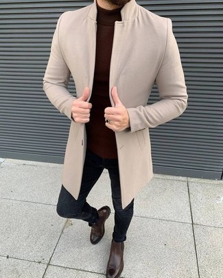 Burgundy Turtleneck Smart Casual Outfits For Men: A burgundy turtleneck and charcoal jeans are a cool combination to have in your casual repertoire. Tap into some Ryan Gosling stylishness and smarten up your look with dark brown leather chelsea boots.