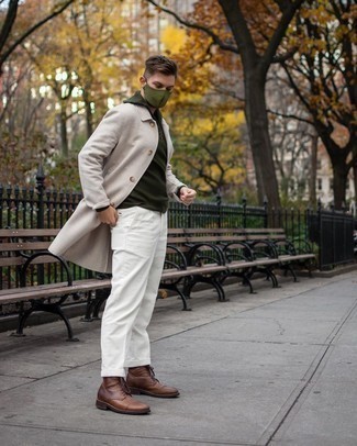 White Corduroy Chinos Outfits: A beige overcoat and white corduroy chinos are the ideal way to introduce extra sophistication into your casual styling collection. We're loving how a pair of brown leather casual boots makes this look complete.