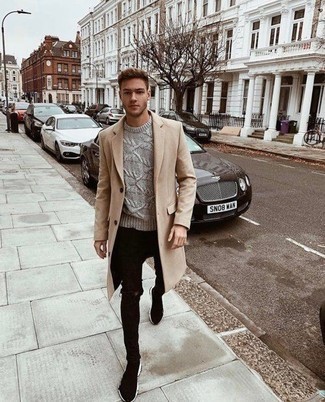 Camel Overcoat Warm Weather Outfits: A camel overcoat and black ripped jeans combined together are a sartorial dream for those who appreciate off-duty styles. Get a bit experimental when it comes to footwear and complete this outfit with a pair of black and white athletic shoes.