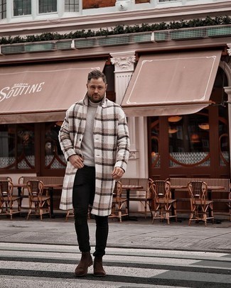 Beige Plaid Overcoat Outfits: If you're looking for a casual yet dapper look, dress in a beige plaid overcoat and black skinny jeans. Dial up the classiness of this look a bit by finishing off with a pair of dark brown suede chelsea boots.