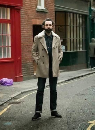 Navy Jeans Cold Weather Outfits For Men: Wear a beige overcoat with navy jeans to don a dressy, but not too dressy look. And if you want to effortlessly up the style ante of this getup with shoes, add black leather derby shoes to the equation.