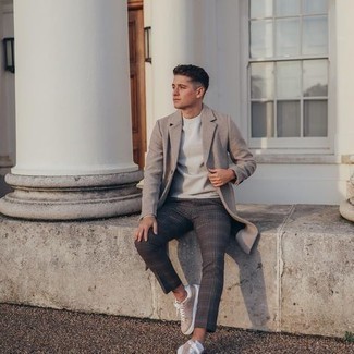 Beige Suede Low Top Sneakers Outfits For Men: This pairing of a beige overcoat and charcoal plaid chinos is the perfect base for a smart look. Complement your outfit with beige suede low top sneakers to effortlessly step up the wow factor of this ensemble.
