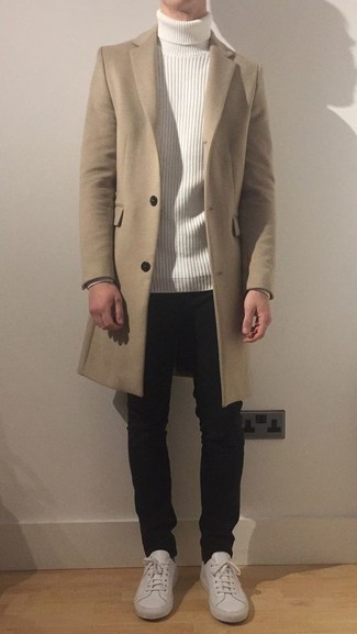 Beige Coat Outfits For Men: A beige coat and black jeans are a combo that every modern gent should have in his closet. Infuse an added touch of refinement into this ensemble by sporting a pair of white leather low top sneakers.