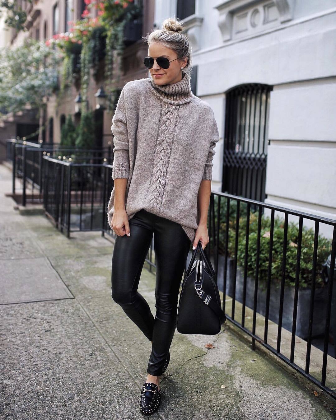 Women's Beige Knit Oversized Sweater, Black Leather Leggings, Black Studded  Leather Loafers, Black Leather Tote Bag