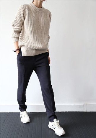 Women's Beige Oversized Sweater, Navy Chinos, White Athletic Shoes