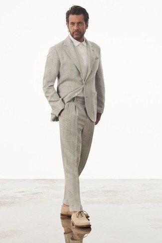 Men's Grey Pocket Square, Beige Suede Oxford Shoes, White Polo, Grey Vertical Striped Suit