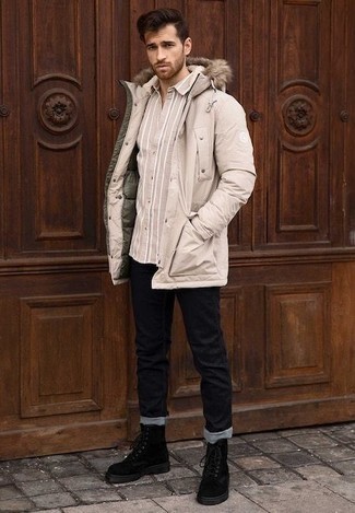 Tan Parka Outfits For Men: For a laid-back outfit, pair a tan parka with black jeans — these two pieces fit nicely together. Introduce black suede casual boots to this outfit for a masculine aesthetic.