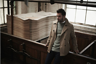 Tan Pea Coat Outfits: Putting together a tan pea coat with navy jeans is an on-point idea for a casually classic getup.