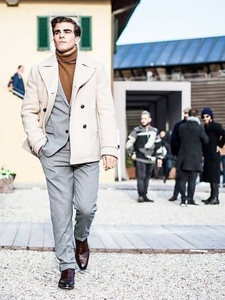 Tan Pea Coat Outfits: Tap into sharp style with a tan pea coat and a grey suit. Play down the dressiness of your ensemble by sporting dark brown leather chelsea boots.