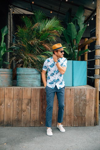 Men's Tan Straw Hat, Beige Plimsolls, Navy Chinos, White and Blue Floral Short Sleeve Shirt