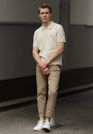 Tan Polo Outfits For Men: For a casually dapper outfit, try teaming a tan polo with khaki chinos — these two items work perfectly well together. Add a pair of white canvas low top sneakers to the mix for maximum style.