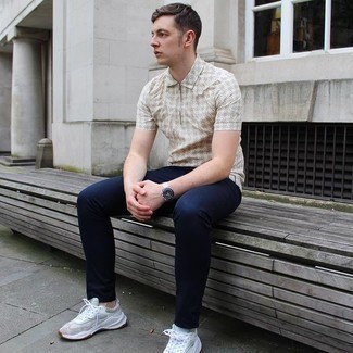 Tan Print Polo Outfits For Men: This casual pairing of a tan print polo and navy chinos is a never-failing option when you need to look cool and casual in a flash. Hesitant about how to round off? Add a pair of grey athletic shoes to this ensemble for a more casual aesthetic.