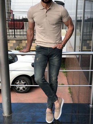 Beige Polo Outfits For Men: Try teaming a beige polo with navy ripped jeans for a stylish and easy-going outfit. For extra fashion points, add a pair of beige suede loafers to the mix.