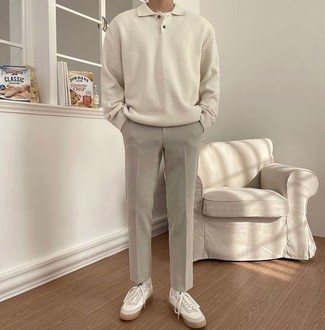 Grey Chinos Outfits: For a look that's very simple but can be dressed up or down in many different ways, wear a beige wool polo neck sweater and grey chinos. And if you wish to effortlessly play down your outfit with a pair of shoes, complete this look with a pair of white leather low top sneakers.