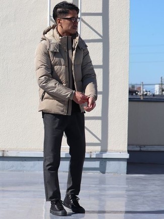 Men's Beige Puffer Jacket, Black Chinos, Black Canvas High Top Sneakers, Clear Sunglasses