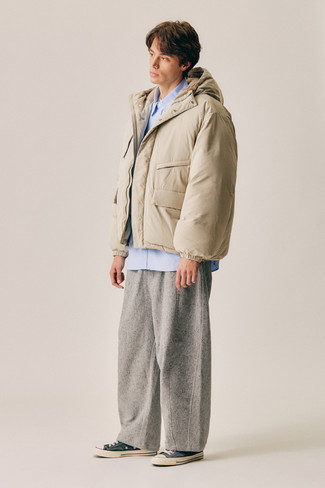Men's Beige Puffer Jacket, Light Blue Short Sleeve Shirt, Grey Wool Chinos, Charcoal Canvas Low Top Sneakers