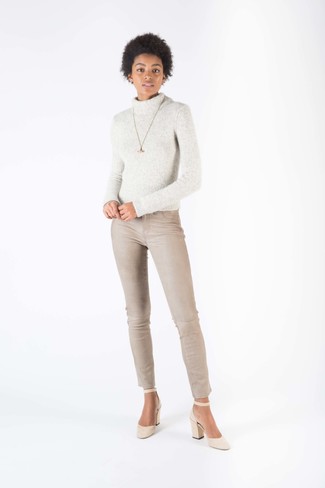 Women's Gold Pendant, Beige Suede Pumps, Beige Skinny Jeans, Grey Knit Wool Turtleneck