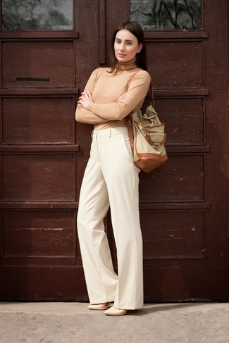 Beige Leather Bucket Bag Outfits: 
