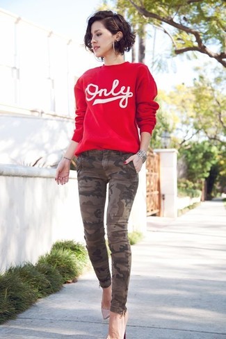 Women's Silver Bracelet, Beige Leather Pumps, Brown Camouflage Skinny Jeans, Red and White Print Crew-neck Sweater