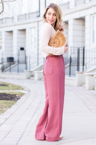 Women's Tan Straw Clutch, Beige Leather Pumps, Hot Pink Wide Leg Pants, Pink Long Sleeve Blouse