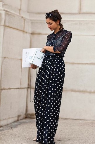 Navy and White Polka Dot Maxi Skirt Outfits: 