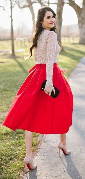 Women's Black Suede Clutch, Beige Leather Pumps, Red Pleated Midi Skirt, Beige Lace Long Sleeve T-shirt
