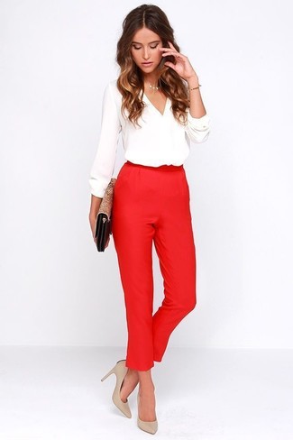 Women's Tan Leopard Leather Clutch, Beige Leather Pumps, Red Tapered Pants, White Long Sleeve Blouse