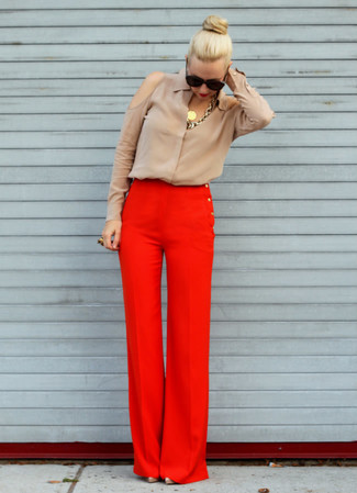 Women's Gold Necklace, Beige Pumps, Red Wide Leg Pants, Tan Silk Button Down Blouse