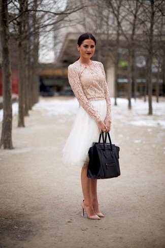Women's Black Leather Tote Bag, Beige Leather Pumps, White Tulle Full Skirt, White Lace Long Sleeve Blouse