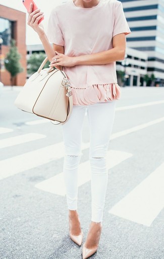 Women's Beige Leather Satchel Bag, Beige Leather Pumps, White Ripped Skinny Jeans, Pink Short Sleeve Blouse