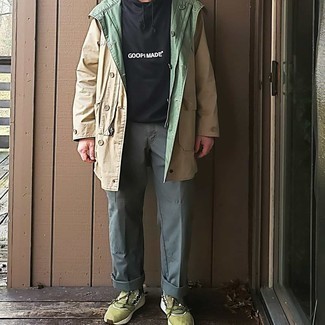 Beige Raincoat Outfits For Men: To assemble a relaxed menswear style with a modernized spin, you can easily wear a beige raincoat and grey cargo pants. Olive athletic shoes will add a carefree vibe to an otherwise traditional ensemble.