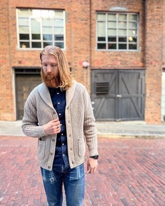 Beige Shawl Cardigan Outfits For Men: Take your laid-back look up a notch in a beige shawl cardigan and navy embroidered jeans.