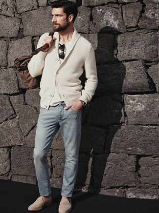 Tan Shawl Cardigan Outfits For Men: If you appreciate relaxed dressing, pair a tan shawl cardigan with grey jeans. A trendy pair of beige suede loafers is the simplest way to upgrade your look.