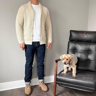 Beige Shawl Cardigan Outfits For Men: This pairing of a beige shawl cardigan and navy jeans resonates versatility and comfortable menswear style. Tan suede casual boots round off this look very nicely.