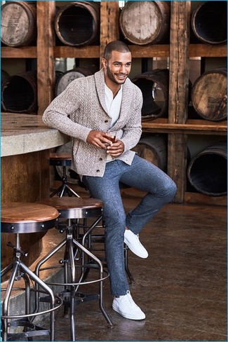 Men's Beige Shawl Cardigan, White Henley Shirt, Navy Wool Dress Pants, White Leather Low Top Sneakers