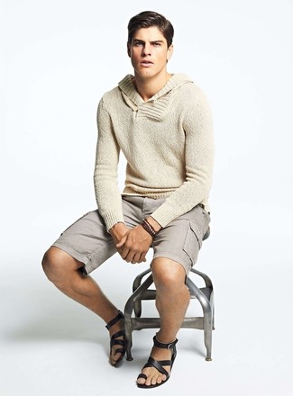 Shawl-Neck Sweater Outfits: The combo of a shawl-neck sweater and grey shorts makes for a solid off-duty getup. For something more on the off-duty side to finish off your outfit, add a pair of black leather sandals to the equation.