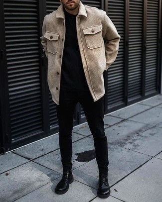 500+ Chill Weather Outfits For Men: A beige wool shirt jacket and black skinny jeans are an easy way to infuse effortless cool into your day-to-day off-duty lineup. Balance your look with a more elegant kind of shoes, like this pair of black leather casual boots.