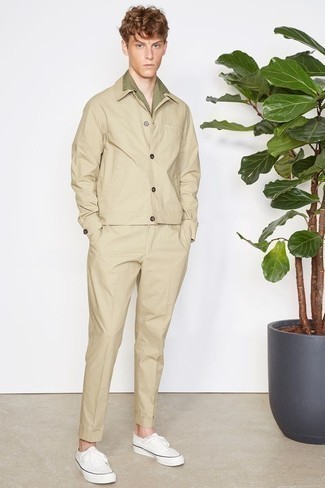 Men's Beige Shirt Jacket, Olive Short Sleeve Shirt, Beige Chinos, White Canvas Low Top Sneakers