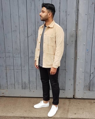 Men's Beige Corduroy Shirt Jacket, White and Black Horizontal Striped Crew-neck T-shirt, Black Jeans, White Leather Low Top Sneakers