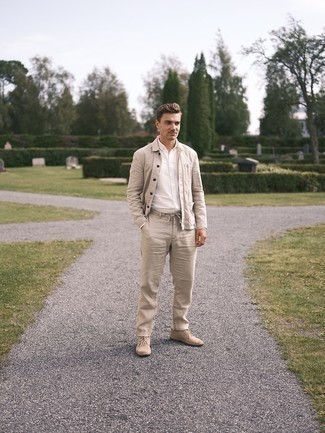 White Long Sleeve Shirt Outfits For Men: Go for a white long sleeve shirt and beige chinos for a casual and stylish getup. Beige suede desert boots are an easy option here.