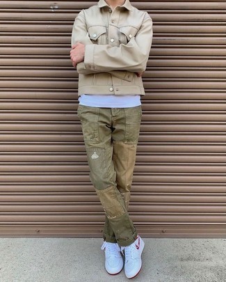 Beige Shirt Jacket Outfits For Men: Pairing a beige shirt jacket with olive ripped jeans is a smart option for a neat and relaxed ensemble. Feeling bold? Shake up your outfit by slipping into white and red leather high top sneakers.