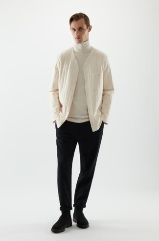 Beige Quilted Shirt Jacket Outfits For Men: Try teaming a beige quilted shirt jacket with black chinos to achieve a really dapper and current casual outfit. Perk up your look by slipping into a pair of black suede chelsea boots.