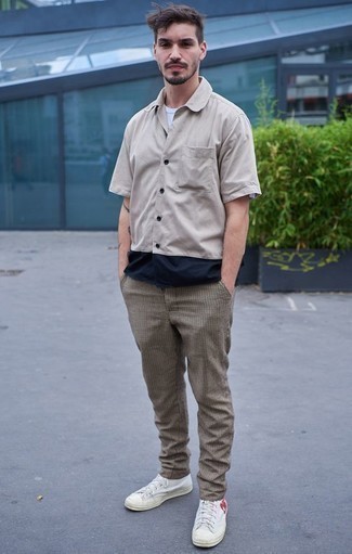 Men's Beige Short Sleeve Shirt, White and Navy Crew-neck T-shirt, Grey Check Chinos, White Canvas High Top Sneakers