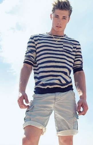 White and Black Horizontal Striped Crew-neck Sweater Outfits For Men: 