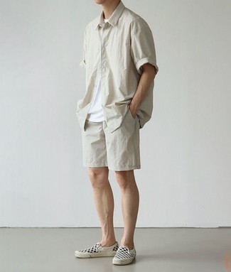 Men's Black and White Check Canvas Slip-on Sneakers, Beige Shorts, White Crew-neck T-shirt, Beige Short Sleeve Shirt