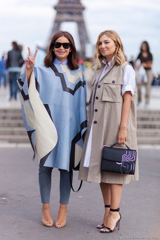 White Shirtdress Outfits: Stand out among other fashionistas in a white shirtdress and a beige sleeveless coat. If in doubt about what to wear in the footwear department, stick to a pair of black leather heeled sandals.