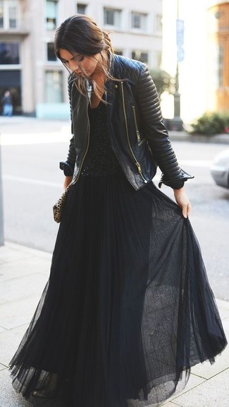 Black Quilted Leather Biker Jacket Outfits For Women: 