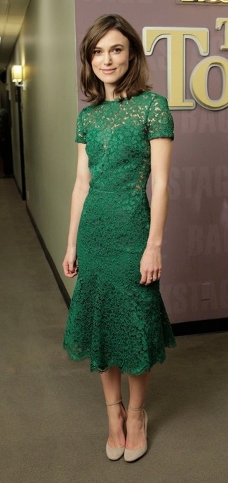 Keira Knightly wearing Beige Suede Pumps, Green Lace Midi Dress