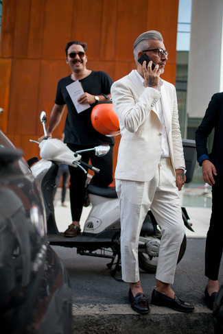 Domenico Gianfrate wearing Beige Suit, White Dress Shirt, Black Leather Tassel Loafers